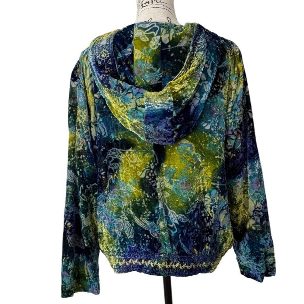 Chicos Velvet Burnout Jacket Hoodie Vintage Blue Green Fairy Boho Full-Zip Silk - Picture 3 of 7